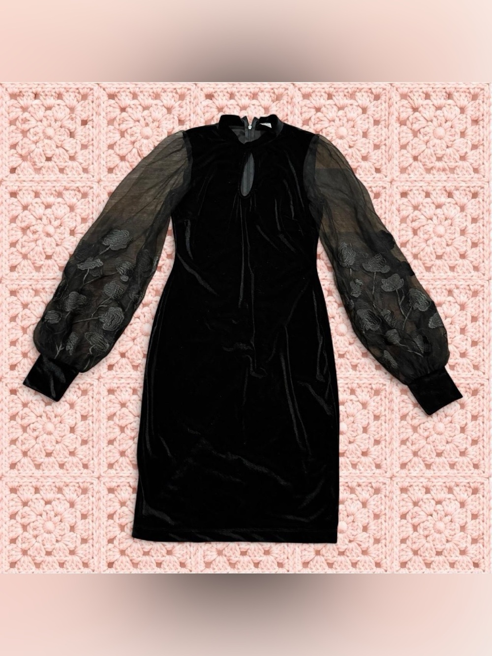 VENUS Black Velvet Dress with Sheer Embroidered Balloon Sleeves